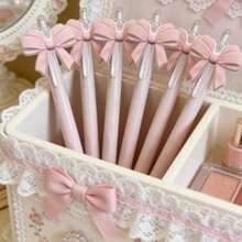 Aesthetic Kawaii Pink Bow Pens Cute Retractable Ballpoint Pen Set For Girls Soft Grip Smooth Writing School Office Supplies Coquette Desk Accessories Party Favor Gift - 1 - 查看 5