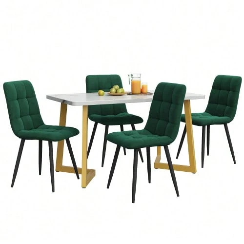 117cm Dining Table With 4 Chairs Set, Rectangular Dining Table, Modern Kitchen Table Set, Dark Green Velvet Dining Chair, Gold Table Legs - Green - View 1