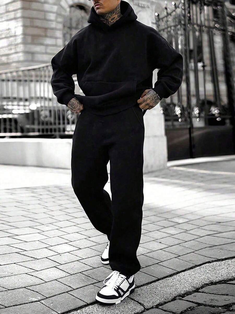 Conjunto de 2 piezas de sudadera y pantalón de chándal de ajuste regular, de unicolor y de peso ligero para hombre, para primavera/otoño - Negro - Ver 1
