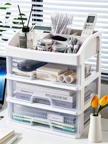 1Pieza Caja de almacenamiento de escritorio tipo cajón, organizador de escritorio de oficina, estante de almacenamiento de papelería y cosméticos, casillero - Blanco - Ver 1