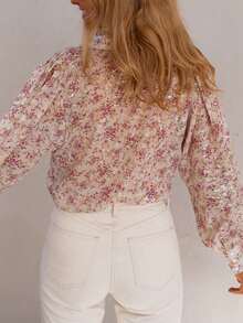 Women's Printed Long Sleeve Button Front Polyester Blouse, With Collar And Bishop Sleeves, Regular Length, Semi-Sheer Shirt Vacation Pink Spring - Pink - View 3