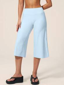 TimeOff Women's 1pc Solid Color Tummy Control Wide Leg Mid-Length Sports Pants - Baby Blue - View 6