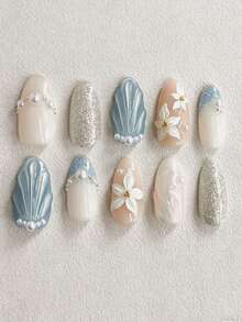 10pcs Summer Medium Almond Shape Press-On Fake Nails, Nude Base With Light Blue Gradient, 3D Shell Flower Pearl Glitter Decor, High Gloss Shiny Finish, Beach Y2K Style, Full Coverage, Suitable For Women And Girls Daily Wear - Multicolor - View 1