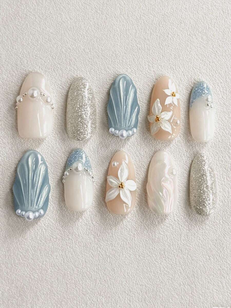 10pcs Summer Medium Almond Shape Press-On Fake Nails, Nude Base With Light Blue Gradient, 3D Shell Flower Pearl Glitter Decor, High Gloss Shiny Finish, Beach Y2K Style, Full Coverage, Suitable For Women And Girls Daily Wear - Multicolor - View 1