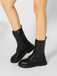 Women's Lace-Up Side Zipper Boots, Thick Sole Motorcycle Boots, Flat Mid-Calf Boots - Black - View 2
