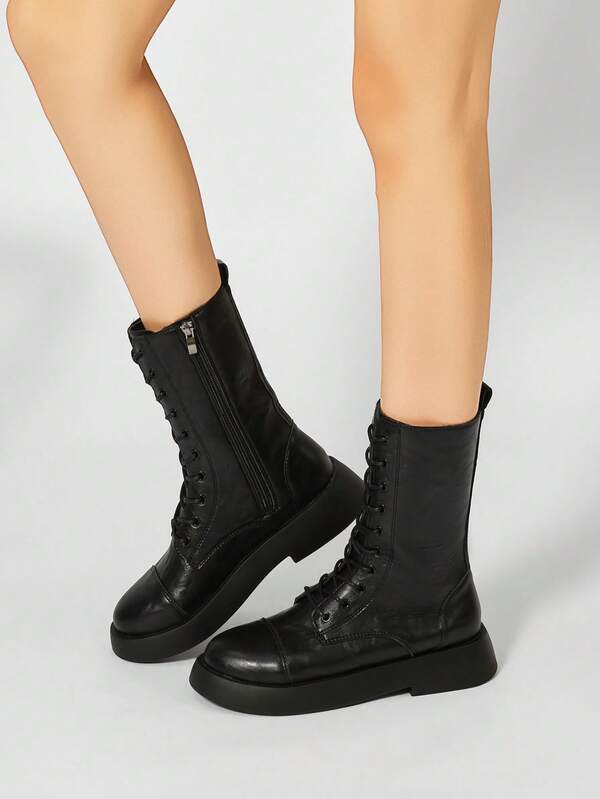 Women's Lace-Up Side Zipper Boots, Thick Sole Motorcycle Boots, Flat Mid-Calf Boots