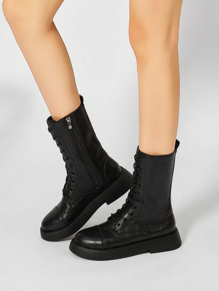 Women's Lace-Up Side Zipper Boots, Thick Sole Motorcycle Boots, Flat Mid-Calf Boots