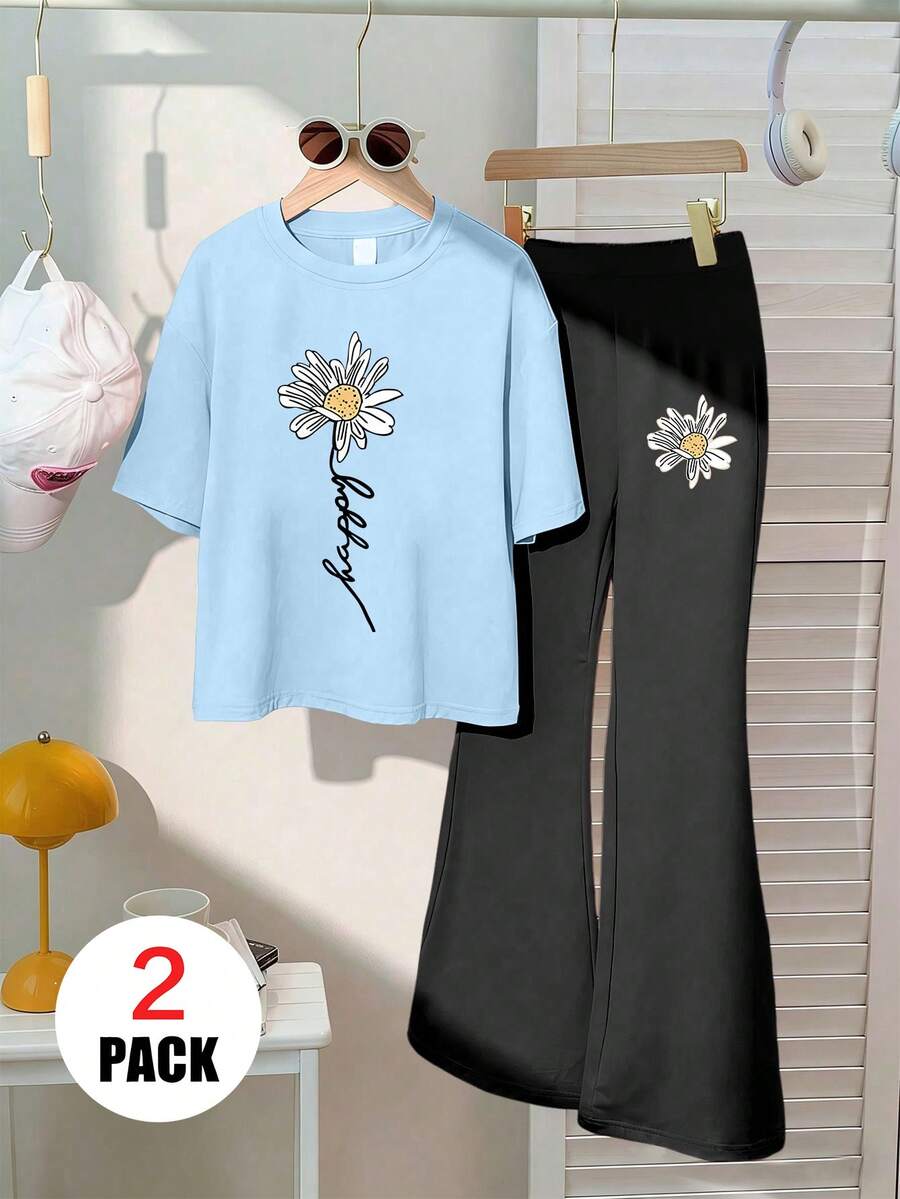 2pcs/Set Teen Girls Floral Print Short Sleeve Top + Flared Pants, Soft Casual Summer Outfit - Multicolor - View 1