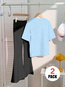 2件組青少年女孩花卉印花短袖上衣 + 喇叭褲，柔軟休閒夏季套裝 - 彩色 - 查看 3