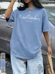 2026 Summer Women's Custom Loose-Fit Light Blue Cotton Top, White Handwritten Letter Print On Front, Light Luxury Style - Light Blue - View 11