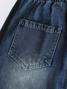 Celana Jeans Denim Model Lebar untuk Anak Perempuan dengan Detail Pita Hitam, Gaya Y2K, Pinggang Elastis, Pakaian Musim Gugur/Musim Dingin - Dark Wash - View 9