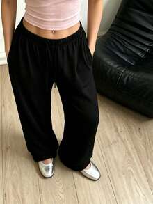 1pc All-Match Minimalist Casual Fitness Training Yoga Running Versatile Women's Low Waist Drawstring Wide Leg Pants Sports - Black - View 1