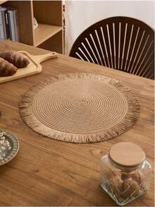 1/4/6/12pcs Bohemian Style Paper Round Placemats, Natural Tassel, Non-Slip, Suitable For Holiday Party, Birthday Party, Wedding Dinner Home Kitchen Table Decor - Coffee Brown - View 4