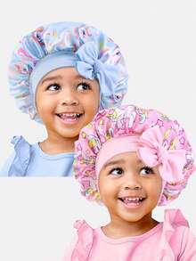 2 piezas de gorros de pelo redondos de satén con cinta elástica estampada para niños, adecuados para uso diario - Unicornio rosa/Unicornio azul claro - Ver 4