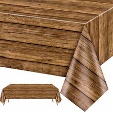 1 pezzo Tovaglia monouso in plastica con finitura in legno, adatta per tavoli rettangolari da 137*274cm, in materiale PE sottile e leggero, stile vintage country, tema da fattoria occidentale, adatta per compleanni, lauree, riunioni familiari - Castano - Visualizzare 2