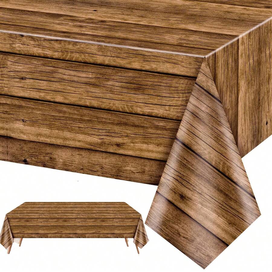 1 pezzo Tovaglia monouso in plastica con finitura in legno, adatta per tavoli rettangolari da 137*274cm, in materiale PE sottile e leggero, stile vintage country, tema da fattoria occidentale, adatta per compleanni, lauree, riunioni familiari