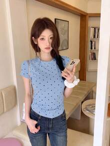 女款韓式圓領修身休閒短袖波點T恤，夏季 - 藍色 - 查看 5