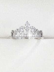 1pc Elegant Crown Shaped Cubic Zirconia Ring For Women - 56306 Silver + White - View 4