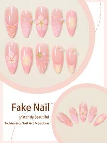 24pcs Almond Color 3D Wavy Star & Shell Pattern Gold Bead French Full Cover False Nail Tips, Suitable For Women & Girls, Summer Party, Office, Daily Wear. Includes 1 Adhesive Sticker Sheet And 1 Mini Nail File, Random Color Delivery - Multicolor - View 3
