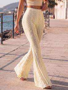 Women's Apricot Boho High-Waisted Sheer Lace Flare Pants, Perfect For Beach Outings, Everyday Wear, Or A Street-Chic Edgy-Yet-Innocent Look. - Apricot - View 5