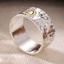 DIYCCPC Bague large en forme de cœur bicolore pour femmes, accessoire quotidien multifonctionnel à texture martelée faite à la main, cadeau de vacances parfait - Argent - Voir 3