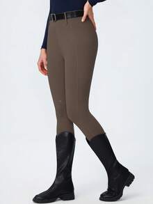 ROYALS MATTINI Women's Equestrian Cycling Pants With Convenient Pockets On Both Sides, Suitable For All Seasons, High Waist Butt-Lifting, All-Match Solid Color Minimalist Versatile, Positioning Print Durable Riding Pants, Professional Competition Training Outdoor Sports Pants - Coffee Brown - View 4