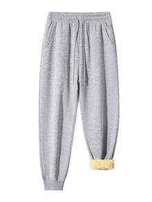 Celana Panjang Wanita Warna Polos dengan Tali Serut dan Lapisan Termal, Celana Panjang Tebal dan Nyaman dengan Lipatan di Bagian Bawah, Cocok untuk Aktivitas Luar Ruangan Musim Gugur/Musim Dingin dan Pakaian Sehari-hari - Light Grey - View 4