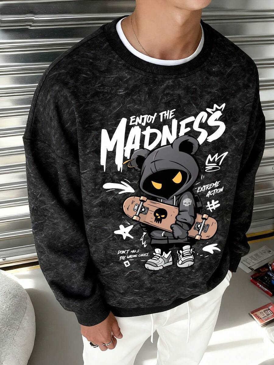 1pc Street Style Vintage Washed Crew Neck Sweatshirt For Teenage Boys, Printed With Skateboard Bear Graphic, Suitable For Spring, Summer, Autumn, Family Gatherings, Back To School, Sports And Other Occasions - Black - View 1