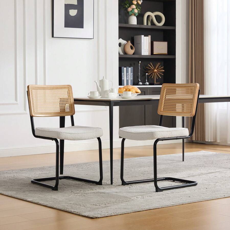 Retro-Style Rattan Dining Chair Set (2 Pieces) / Rattan Backrest Dining Chair / Chenille Seat Cushion / With Black Metal Frame / Suitable For Kitchen, Living Room And Bedroom - Ivory - View 1