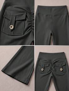 6pecil Khaki Style Flared Yoga Pants With Button Pockets, V-Waist Butt Lifting Flared Leg, Ruched Butt Sculpting Fitness Pants Sports - Grey - View 7