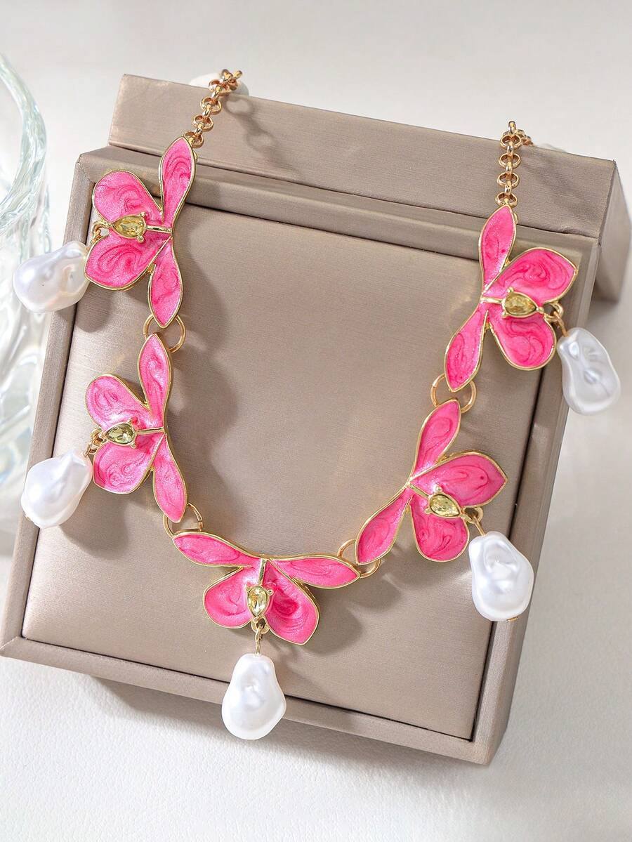 1pc Summer Fashion Bohemian Style Hand-Painted Enamel Baroque Asymmetrical Faux Pearl Pendant Necklace, Women's, Suitable For Beach Vacation, Travel, Party And Daily Decoration - Gold - View 1