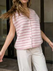 French Ins Style Striped Knit Vest, V-Neck Knit Cardigan With Rhinestone Buttons, Design-Forward, Suitable For Daily Commute, Casual, Holiday And Outing Wear - Pink - View 4