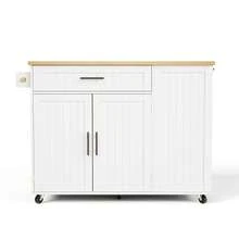 Mobile Kitchen Island With Folding Worktop, Trolley, Storage Cabinet, Bin Cabinet, Shelf Above The Door, Lockable Casters, 130 * 45 (70) * 93 Cm. - White + Wood Tone - View 12