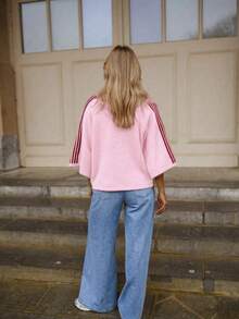 Women's Pink Knitted Pullover Sweater, 3/4 Sleeve, Side Stripe Detail, Suitable For Autumn Wear, Contains 6% Wool - Pink - View 2