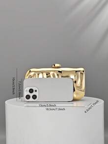 Clutch metálico texturizado con forma de caja retro, diseño asimétrico, cierre de presión, adecuado para fiestas, bodas, graduaciones, eventos nocturnos - Dorado - Ver 3