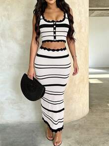 BohoFeel 2Pcs Set Colorblock Stripe Knitted Button Front Square Neck Crop Cami Tank Top & Ruffle Trim Crochet Long Skirt Beach Outfit White - White - View 10