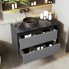 Wall-Mounted Washbasin Unit, 80 Cm Wide, With Ceramic Washbasin, With Drawers, Modern Design, Black And Grey. - 灰色 - 查看 3