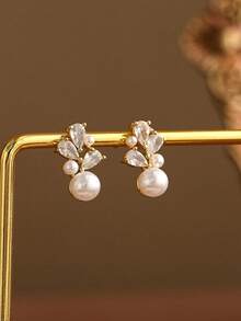 Round Pearl Earrings With Diamond, Minimalist Pearl Stud Earrings, Delicate Pearl Earrings Bridal Earrings Wedding Earrings Bridesmaid Gift - Gold - View 4