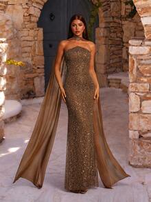 VIPGIRL Elegante vestido de noche de lentejuelas marrones - Silueta entallada sin tirantes y capa superpuesta de gasa transparente | Ideal para eventos formales de alta gama y ocasiones especiales como bodas y fiestas de primavera - Mostaza Amarilla - Ver 6