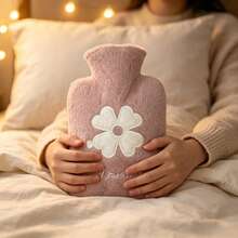 Botol Air Panas Mewah Warna Pink 1000ml, Penghangat Tangan Isi Ulang Tanpa Daya dengan Bordir Hati dan Daun Semanggi - Lapisan dalam + lengan bulu - View 6