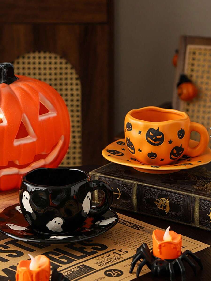 1pc Halloween Ceramic Mug, Pattern Includes Bats, Spiders, Little Ghosts And Pumpkins, Asymmetrical Rim Spooky Coffee Cup, Suitable For Halloween Parties And Gatherings, Cold And Hot Drinks Compatible, Applicable For Office And Bedroom, Great Gift