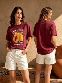 2026 Summer Women Round Neck Tee, Watercolor Papaya Mango Print, Soft Breathable Casual Top Daily Vacation, Free Shipping Ship In 24H. - 酒紅色 - 查看 1