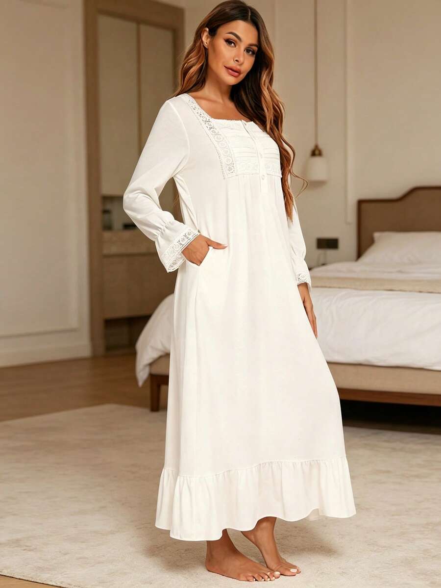 French Style Pure Cotton Spring/Autumn Long Sleeve Fairy Sweet Lace Loose Thin Maxi Nightgown Loungewear - White - View 1