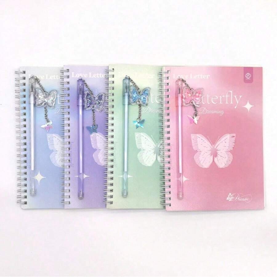 A5 Spiral Notebook + Butterfly Ballpoint Pen, With Double Coil – 60 Pages Per Book, Exquisite Love Letter And Butterfly Pattern Design, Inner Pages With Grid Paper Diary, Suitable As Gift, Office/School Supplies, Guest Birthday Gift, Graduation Party Supplies, 2026 Graduation Party Supplies, Graduation Ceremony - A - View 1