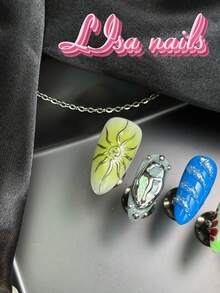 10pcs Handmade Full Coverage Almond Shaped Press-On Nails, Green, Blue, Lime Green Colors, Wild Bold Vintage Y2K Style, Reusable, 4 Sizes Available, Suitable For Party And Daily Wear, Includes Jelly Glue And Nail File - Multicolor - View 5
