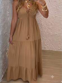 Women's Long Dress, Flowing Style, Sensual Fabric, V-Neck With Front Tie, Elastic Back - Fits Sizes 36 To 40. - 蒙特內哥羅 - 查看 2