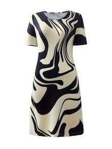 Plus Size Colorblock Casual Short Sleeve Dress, Spaghetti Strap Beach Holiday Dress, Suitable For Vacation, Daily, Party, Commute Elegant Summer - Champagne - View 3
