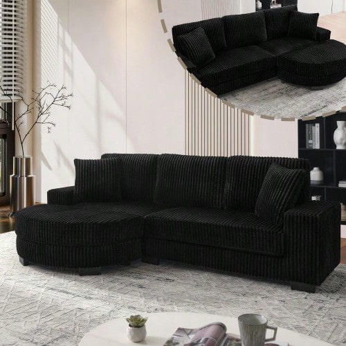 L-Shaped Corner Sofa – 4-Seater Sofa, 256.5 X 133.5 X 89 Cm, Classic Corduroy, Modular Design With Oval Ottoman - 黑色 - 查看 1