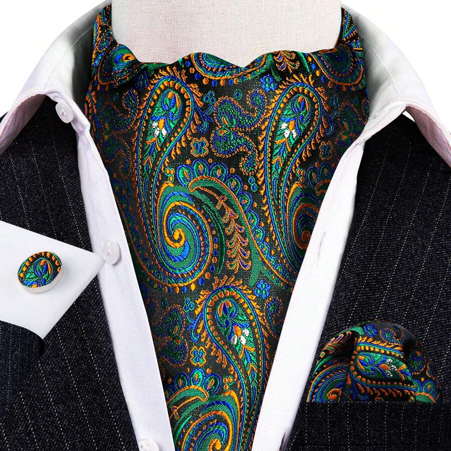 Black Base Teal Orange Multi Swirl Paisley Ascot Cravat Three Piece Kit, Gentleman Party Coordinated Neck Scarf Bundle Including Hanky - Green - View 1