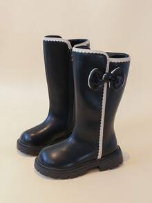 Girls' Black Lace Bow Long Boots | Back Zipper Thick Sole Anti-Slip Style Autumn/Winter Princess Boots - Black - View 1